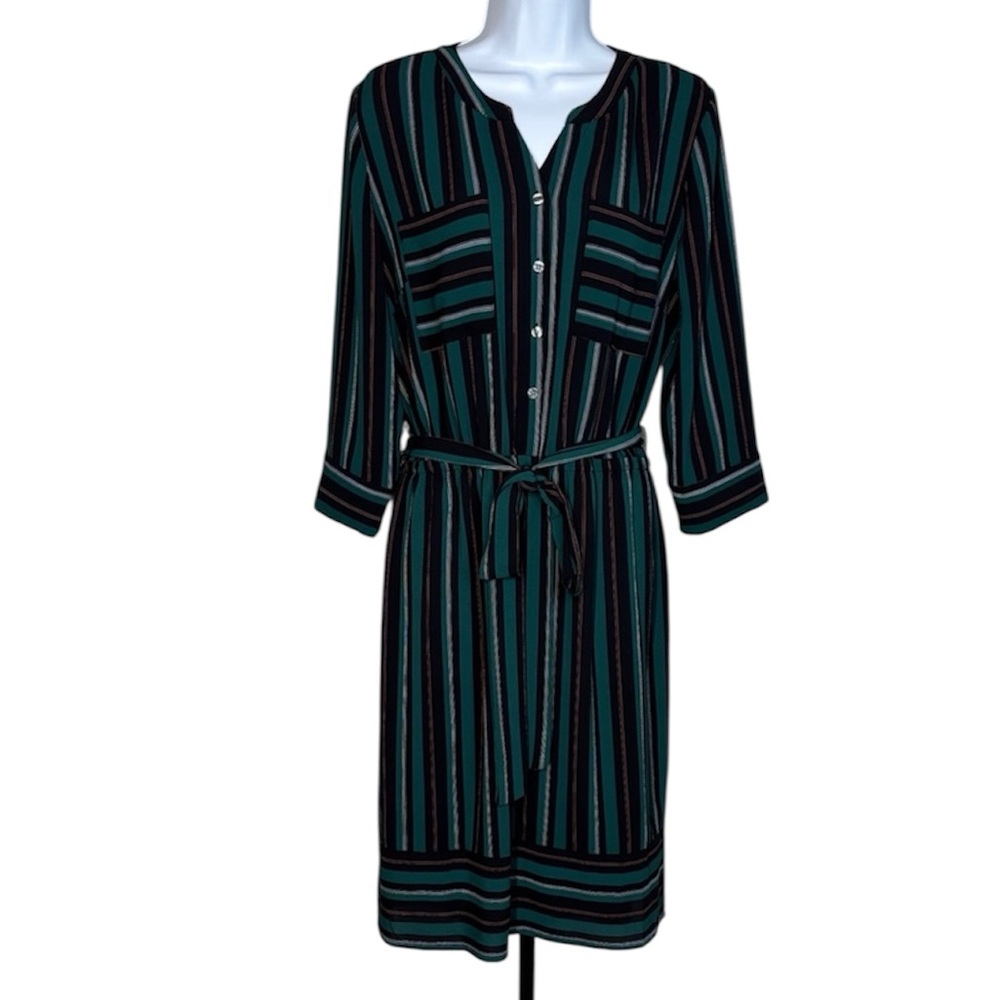 Dressbarn Green and Black Striped Long Sleeve Dress